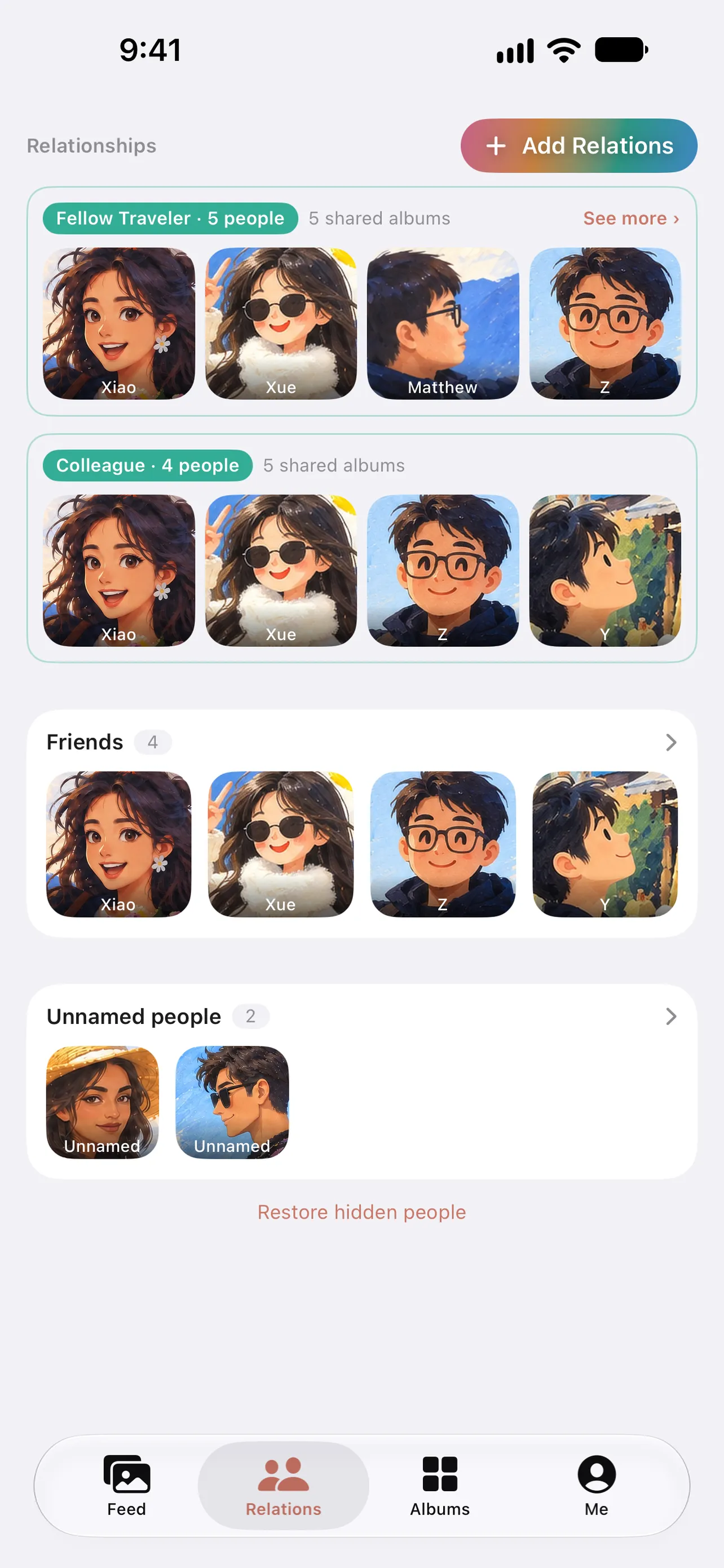 The Relations screen with groups of named people