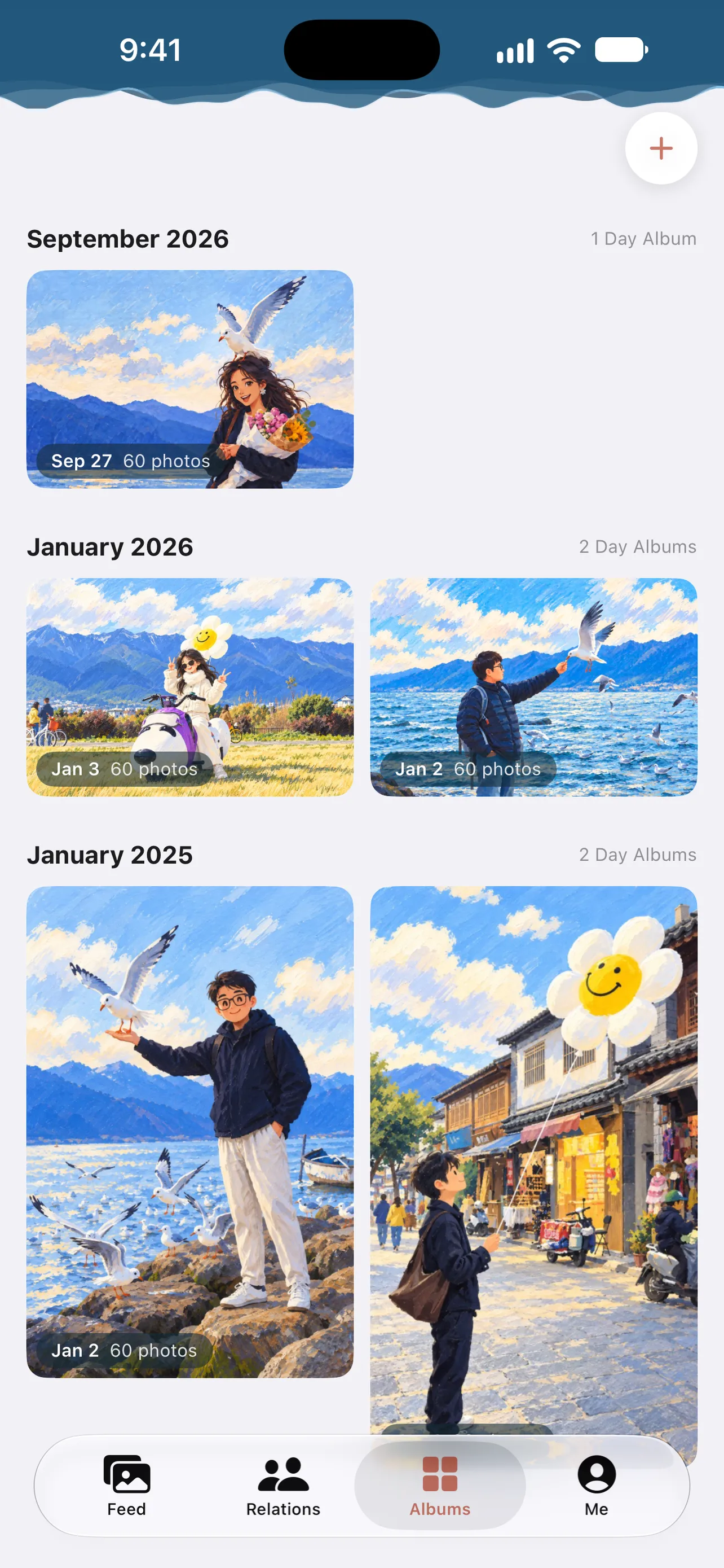 The Albums screen with Day Albums grouped by month
